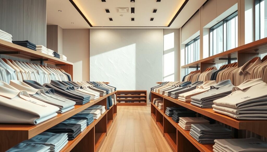A polo shirt sale in a well-lit, upscale retail setting. In the foreground, neatly folded polo shirts in various pastel and neutral colors are displayed on wooden shelves. The middle ground features a clean, minimalist backdrop, with subtle textures and soft lighting that creates a sense of refined elegance. The background showcases a sleek, modern interior design with tall windows, allowing natural light to filter in and accentuate the high-quality fabrics and tailored silhouettes of the shirts. The overall atmosphere conveys a subtle, understated luxury that aligns with the "Old Money Style" aesthetic. A polo shirt sale in a well-lit, upscale retail setting. In the foreground, neatly folded polo shirts in various pastel and neutral colors are displayed on wooden shelves. The middle ground features a clean, minimalist backdrop, with subtle textures and soft lighting that creates a sense of refined elegance. The background showcases a sleek, modern interior design with tall windows, allowing natural light to filter in and accentuate the high-quality fabrics and tailored silhouettes of the shirts. The overall atmosphere conveys a subtle, understated luxury that aligns with the "Old Money Style" aesthetic.
