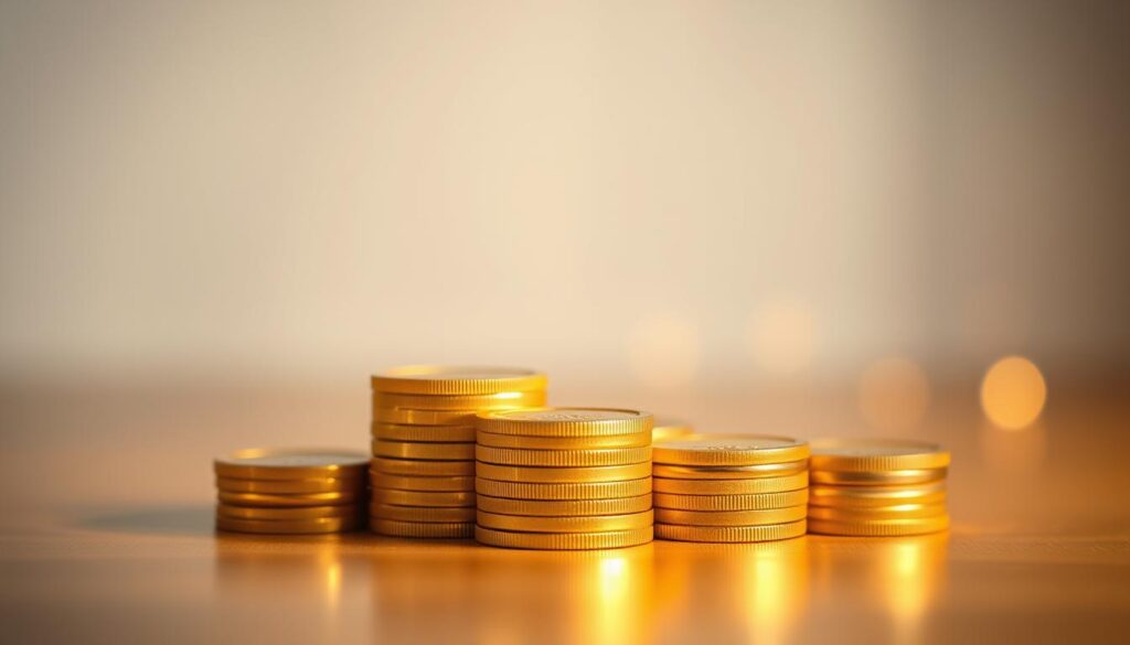 A serene and minimalist scene depicting a stack of golden coins set against a soft, blurred background. The coins are arranged in a visually appealing, symmetrical pattern, their surfaces reflecting the warm glow of ambient lighting. The overall composition exudes a sense of tranquility and abundance, inviting the viewer to internalize positive affirmations about financial prosperity. The image is captured from a slightly elevated angle, creating a sense of depth and emphasizing the central focus on the coins. The lighting is subtle and diffused, lending a calming, meditative atmosphere to the scene. A serene and minimalist scene depicting a stack of golden coins set against a soft, blurred background. The coins are arranged in a visually appealing, symmetrical pattern, their surfaces reflecting the warm glow of ambient lighting. The overall composition exudes a sense of tranquility and abundance, inviting the viewer to internalize positive affirmations about financial prosperity. The image is captured from a slightly elevated angle, creating a sense of depth and emphasizing the central focus on the coins. The lighting is subtle and diffused, lending a calming, meditative atmosphere to the scene.
