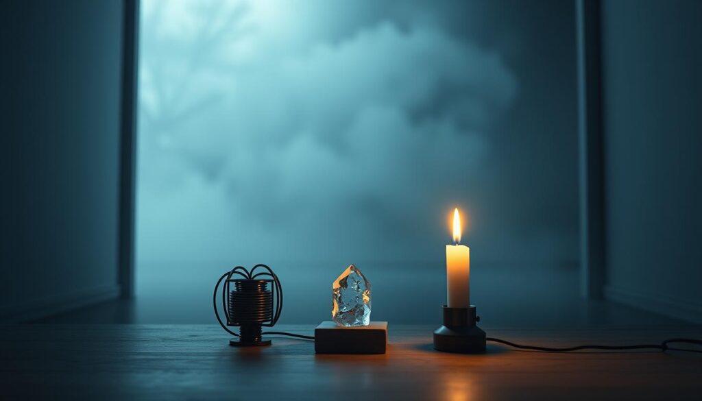 A serene and minimalist scene depicting the "truth about Tesla rituals" for money manifestation. In the foreground, a simple altar-like setup with a Tesla coil, a crystal, and a burning candle - symbolic tools used in the rituals. The middle ground features a dimly lit room with clean lines and muted tones, creating a meditative atmosphere. The background is hazy and out of focus, giving a sense of mystery and the unknown. The lighting is soft and diffused, casting gentle shadows and highlighting the key elements. The overall mood is pensive, inviting the viewer to contemplate the deeper truths behind these practices. A serene and minimalist scene depicting the "truth about Tesla rituals" for money manifestation. In the foreground, a simple altar-like setup with a Tesla coil, a crystal, and a burning candle - symbolic tools used in the rituals. The middle ground features a dimly lit room with clean lines and muted tones, creating a meditative atmosphere. The background is hazy and out of focus, giving a sense of mystery and the unknown. The lighting is soft and diffused, casting gentle shadows and highlighting the key elements. The overall mood is pensive, inviting the viewer to contemplate the deeper truths behind these practices.