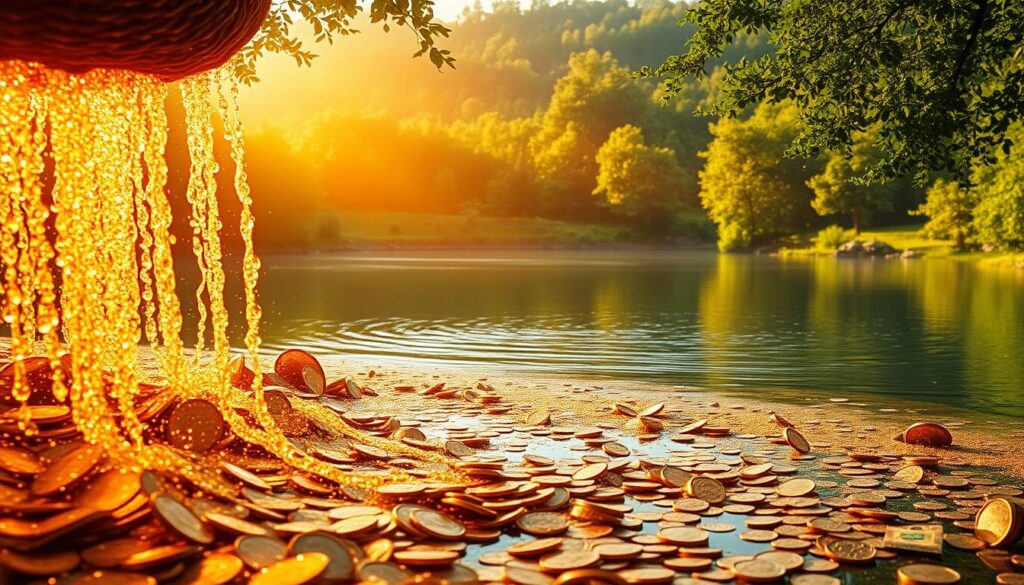 A serene and radiant landscape, bathed in warm, golden light. In the foreground, a cascading flow of luminous coins and bills, spilling forth from an unseen source, casting a mesmerizing glow. The middle ground features a tranquil pond, its surface reflecting the shimmering wealth. In the background, a lush, verdant forest frames the scene, conveying a sense of abundance and prosperity. The image is captured with a wide-angle lens, allowing the viewer to fully immerse themselves in this vision of manifest money. The overall mood is one of tranquility, optimism, and the tangible promise of financial fulfillment. A serene and radiant landscape, bathed in warm, golden light. In the foreground, a cascading flow of luminous coins and bills, spilling forth from an unseen source, casting a mesmerizing glow. The middle ground features a tranquil pond, its surface reflecting the shimmering wealth. In the background, a lush, verdant forest frames the scene, conveying a sense of abundance and prosperity. The image is captured with a wide-angle lens, allowing the viewer to fully immerse themselves in this vision of manifest money. The overall mood is one of tranquility, optimism, and the tangible promise of financial fulfillment.