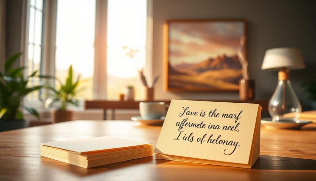 A serene and tranquil morning scene filled with positive energy. In the foreground, a stack of colorful notecards with uplifting money affirmations handwritten in elegant calligraphy, illuminated by soft, natural light streaming through large windows. In the middle ground, a wooden desk with a minimalist design, complemented by a houseplant and a cup of steaming coffee. The background features a soothing, pastel-hued landscape painting, evoking a sense of peace and abundance. The overall atmosphere is one of calm, focus, and a deep commitment to personal growth and financial prosperity. A serene and tranquil morning scene filled with positive energy. In the foreground, a stack of colorful notecards with uplifting money affirmations handwritten in elegant calligraphy, illuminated by soft, natural light streaming through large windows. In the middle ground, a wooden desk with a minimalist design, complemented by a houseplant and a cup of steaming coffee. The background features a soothing, pastel-hued landscape painting, evoking a sense of peace and abundance. The overall atmosphere is one of calm, focus, and a deep commitment to personal growth and financial prosperity.