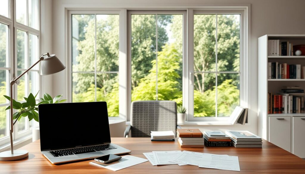 A serene home office setting with natural lighting and a minimalist aesthetic. In the foreground, a wooden desk showcases various income streams such as a laptop, a smartphone, and financial documents. In the middle ground, a well-organized bookshelf displays titles related to personal finance and entrepreneurship. The background features a large window overlooking a lush, verdant landscape, creating a sense of tranquility and inspiration. The overall mood is one of focus, productivity, and the potential for achieving a $500 daily income through strategic planning and execution. A serene home office setting with natural lighting and a minimalist aesthetic. In the foreground, a wooden desk showcases various income streams such as a laptop, a smartphone, and financial documents. In the middle ground, a well-organized bookshelf displays titles related to personal finance and entrepreneurship. The background features a large window overlooking a lush, verdant landscape, creating a sense of tranquility and inspiration. The overall mood is one of focus, productivity, and the potential for achieving a $500 daily income through strategic planning and execution.