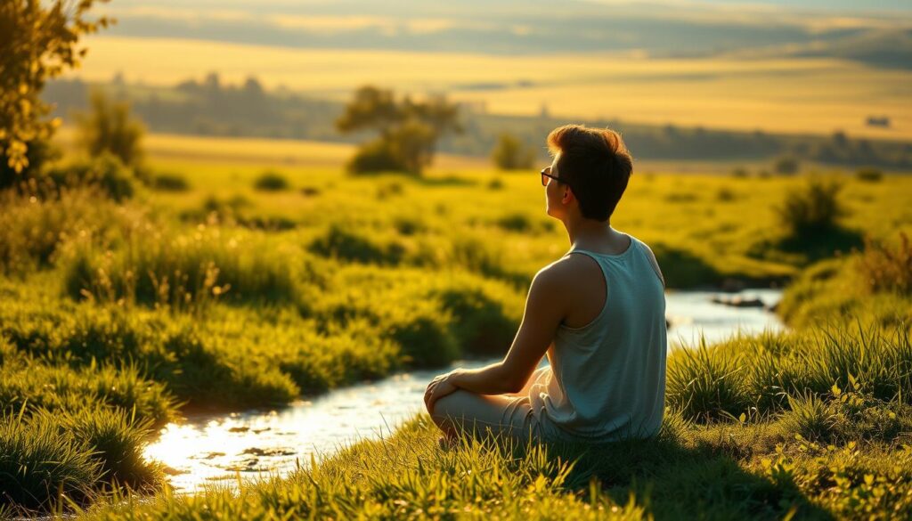 A serene, sun-dappled meadow where a person sits in contemplation, surrounded by lush greenery and a gentle stream. The figure's posture exudes tranquility, their gaze fixed inward as they ponder their relationship with money. The lighting is soft and warm, casting a golden glow that infuses the scene with a sense of abundance and inner peace. In the background, an expansive landscape unfolds, hinting at the expansive possibilities that financial freedom can unlock. The overall composition conveys a harmonious balance between the individual, nature, and the flow of wealth.