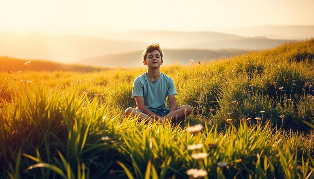 A serene, sun-dappled meadow with lush, swaying grass and wildflowers in the foreground. In the middle ground, a young person sits cross-legged, eyes closed, their expression peaceful and contemplative. Soft, warm lighting envelops the scene, creating a dreamlike atmosphere. The background features rolling hills and a distant, hazy horizon, suggesting a sense of expansiveness and possibility. The overall impression is one of quiet introspection, personal growth, and the power of affirmative thought. A serene, sun-dappled meadow with lush, swaying grass and wildflowers in the foreground. In the middle ground, a young person sits cross-legged, eyes closed, their expression peaceful and contemplative. Soft, warm lighting envelops the scene, creating a dreamlike atmosphere. The background features rolling hills and a distant, hazy horizon, suggesting a sense of expansiveness and possibility. The overall impression is one of quiet introspection, personal growth, and the power of affirmative thought.
