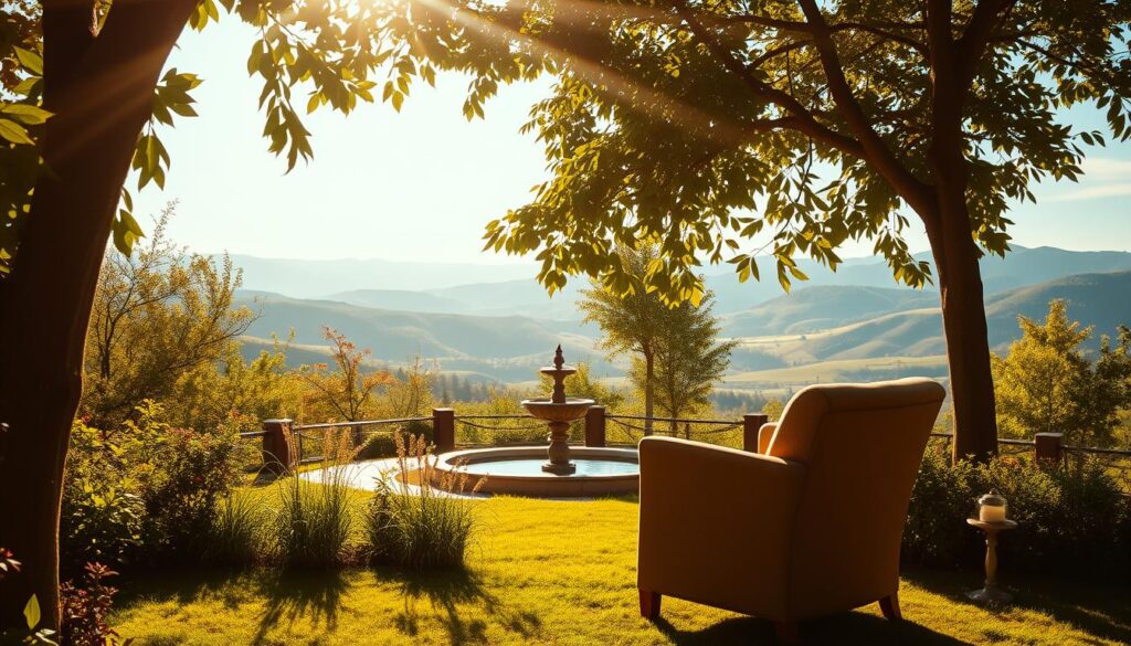 A serene, sun-dappled meditation space with a cozy armchair positioned in the foreground, surrounded by lush greenery and a tranquil water feature in the middle ground. Warm, golden light filters through the leaves, creating a calming atmosphere. In the background, a peaceful vista of rolling hills and a clear blue sky. The scene emanates a sense of focus, introspection, and the potential for financial abundance. A serene, sun-dappled meditation space with a cozy armchair positioned in the foreground, surrounded by lush greenery and a tranquil water feature in the middle ground. Warm, golden light filters through the leaves, creating a calming atmosphere. In the background, a peaceful vista of rolling hills and a clear blue sky. The scene emanates a sense of focus, introspection, and the potential for financial abundance.
