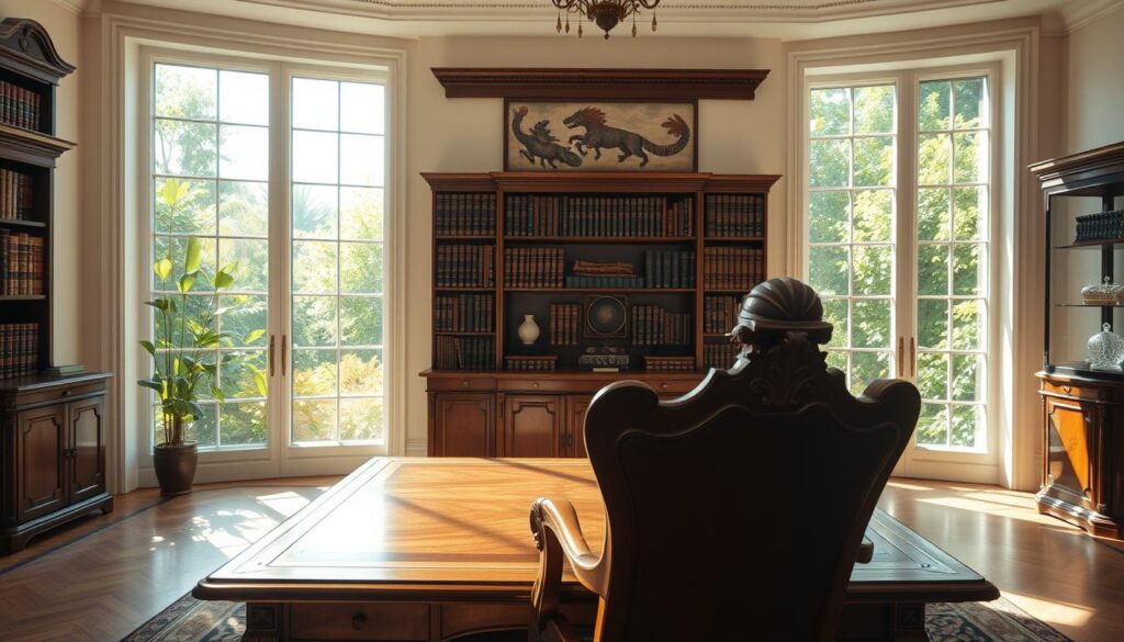 A serene, sunlit room with a large, ornate wooden desk and a plush, high-backed chair in the foreground. In the middle ground, a wall-mounted bookshelf filled with leather-bound volumes and a glass display case showcasing valuable artifacts. The background features a lush, verdant garden visible through large, floor-to-ceiling windows, casting a warm, natural glow throughout the space. The overall atmosphere evokes a sense of focus, productivity, and abundance, setting the stage for a manifestation mindset. A serene, sunlit room with a large, ornate wooden desk and a plush, high-backed chair in the foreground. In the middle ground, a wall-mounted bookshelf filled with leather-bound volumes and a glass display case showcasing valuable artifacts. The background features a lush, verdant garden visible through large, floor-to-ceiling windows, casting a warm, natural glow throughout the space. The overall atmosphere evokes a sense of focus, productivity, and abundance, setting the stage for a manifestation mindset.