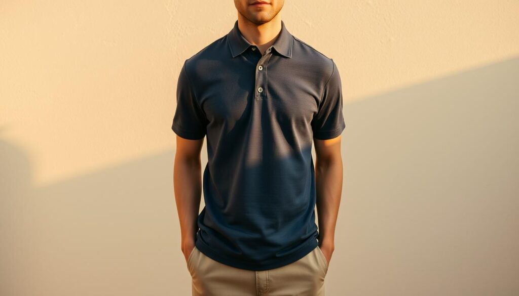 A soft, washed-out navy blue polo shirt, carefully tailored to an impeccable fit. The material has a subtle sheen, reflecting the warm lighting that casts a golden glow over the scene. The shirt is neatly tucked into classic khaki chinos, creating a timeless, effortless silhouette. In the background, a subtly textured wall in a muted cream tone provides a clean, refined backdrop, allowing the shirt to take center stage as a quintessential piece of "Old Money" style. The overall composition exudes a sense of understated elegance and timeless sophistication. A soft, washed-out navy blue polo shirt, carefully tailored to an impeccable fit. The material has a subtle sheen, reflecting the warm lighting that casts a golden glow over the scene. The shirt is neatly tucked into classic khaki chinos, creating a timeless, effortless silhouette. In the background, a subtly textured wall in a muted cream tone provides a clean, refined backdrop, allowing the shirt to take center stage as a quintessential piece of "Old Money" style. The overall composition exudes a sense of understated elegance and timeless sophistication.