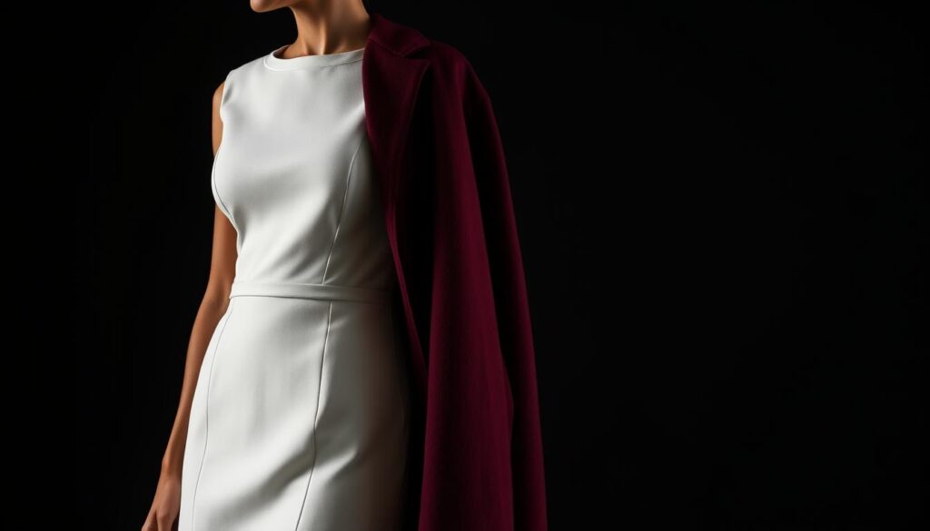 A sophisticated and elegant silhouette of an old money woman, captured in a timeless, high-contrast composition. In the foreground, a striking white tailored dress with a hint of structure, its clean lines and minimal detailing conveying a sense of understated luxury. In the middle ground, a burgundy cashmere coat draped over the shoulders, its rich hue and plush texture adding depth and dimension. In the background, a muted black backdrop, creating a sense of serene, sophisticated ambiance. Soft, even lighting illuminates the ensemble, emphasizing the interplay of textures and tones. The overall effect is one of refined, effortless style - a timeless, old money aesthetic for the modern era. A sophisticated and elegant silhouette of an old money woman, captured in a timeless, high-contrast composition. In the foreground, a striking white tailored dress with a hint of structure, its clean lines and minimal detailing conveying a sense of understated luxury. In the middle ground, a burgundy cashmere coat draped over the shoulders, its rich hue and plush texture adding depth and dimension. In the background, a muted black backdrop, creating a sense of serene, sophisticated ambiance. Soft, even lighting illuminates the ensemble, emphasizing the interplay of textures and tones. The overall effect is one of refined, effortless style - a timeless, old money aesthetic for the modern era.