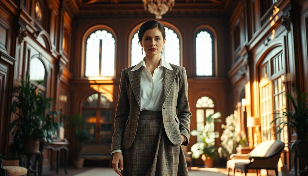 A sophisticated woman in a timeless, elegant ensemble stands poised in a grand, sun-dappled manor. Her tailored tweed blazer and crisp white blouse exude an air of refined luxury, complemented by a flowing, high-waisted skirt that cascades gracefully. The warm, amber lighting casts a soft glow, highlighting the woman's serene expression and the opulent, wood-paneled interiors that speak of old-world sophistication. Ornate moldings, antique furnishings, and lush potted plants create a sense of timeless, genteel opulence. The overall scene conveys a harmonious blend of classic style and understated affluence, embodying the essence of the "old money" aesthetic. A sophisticated woman in a timeless, elegant ensemble stands poised in a grand, sun-dappled manor. Her tailored tweed blazer and crisp white blouse exude an air of refined luxury, complemented by a flowing, high-waisted skirt that cascades gracefully. The warm, amber lighting casts a soft glow, highlighting the woman's serene expression and the opulent, wood-paneled interiors that speak of old-world sophistication. Ornate moldings, antique furnishings, and lush potted plants create a sense of timeless, genteel opulence. The overall scene conveys a harmonious blend of classic style and understated affluence, embodying the essence of the "old money" aesthetic.