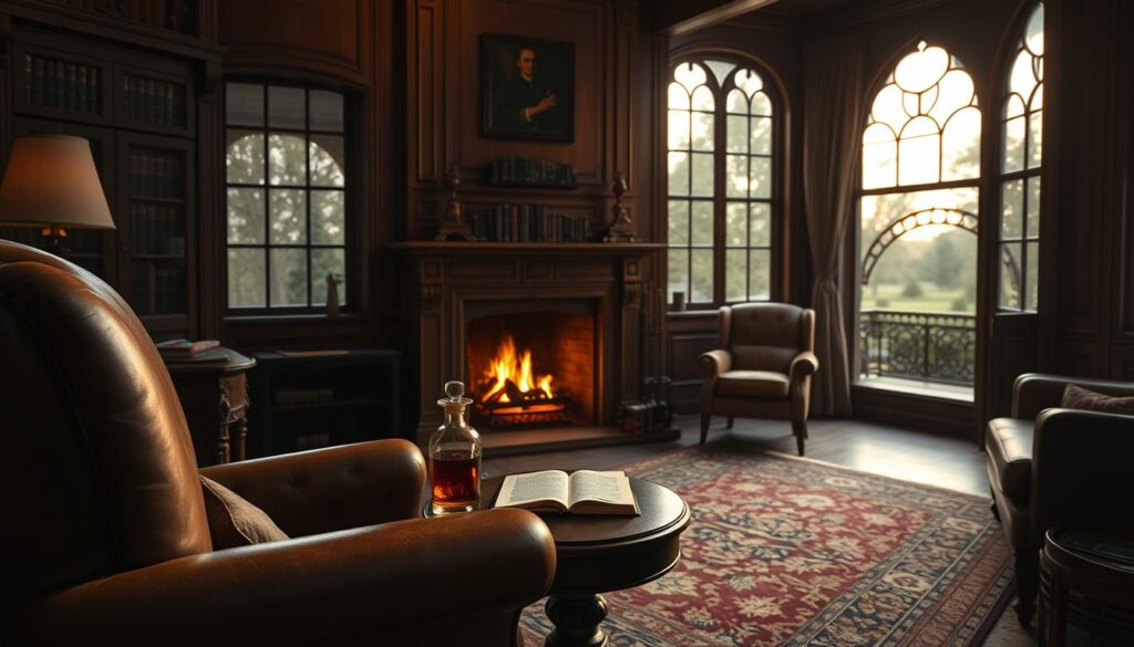 A timeless yet contemporary "old money" aesthetic, captured in a dimly lit, oak-paneled study. In the foreground, a well-worn leather armchair and a polished mahogany side table displaying a pocket watch, a glass of amber liquor, and a stack of aged parchment. The middle ground features a grand fireplace with a crackling fire, casting a warm glow on a Persian rug and a bookshelf filled with leather-bound tomes. The background reveals a panoramic window overlooking a lush, manicured garden, the fading daylight filtering through the curtains. The overall atmosphere is one of refined elegance, understated luxury, and a subtle nod to the enduring allure of old-world opulence. A timeless yet contemporary "old money" aesthetic, captured in a dimly lit, oak-paneled study. In the foreground, a well-worn leather armchair and a polished mahogany side table displaying a pocket watch, a glass of amber liquor, and a stack of aged parchment. The middle ground features a grand fireplace with a crackling fire, casting a warm glow on a Persian rug and a bookshelf filled with leather-bound tomes. The background reveals a panoramic window overlooking a lush, manicured garden, the fading daylight filtering through the curtains. The overall atmosphere is one of refined elegance, understated luxury, and a subtle nod to the enduring allure of old-world opulence.