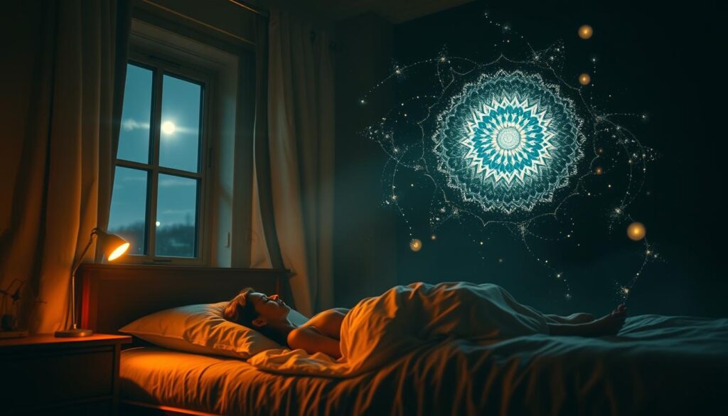 A tranquil bedroom at night, moonlight streaming through the window, casting a soft glow on a sleeping figure. Above the bed, ethereal energy swirls and coalesces, taking the form of a shimmering, kaleidoscopic mandala. Wisps of stardust and glowing orbs float and drift, infusing the space with a sense of mystical, subconscious alignment. The lighting is warm and diffused, creating an atmosphere of deep relaxation and inner reflection. The camera angle is from the side, capturing the serene scene in a dreamlike, cinematic composition.