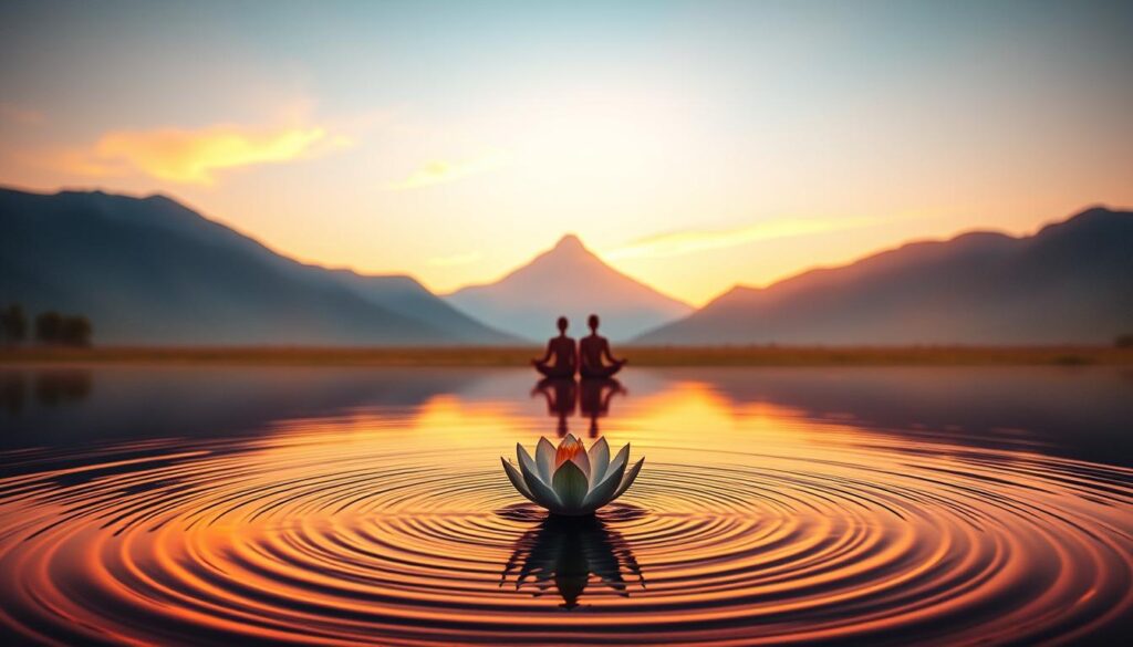 A tranquil landscape at sunset, with a central focal point representing the alignment of energy, mindset, and the universe. In the foreground, a serene pond reflects the warm hues of the sky, rippling gently. Emerging from the water, a lotus flower symbolizes the blossoming of personal growth and manifestation. In the middle ground, a pair of human figures sit in a meditative pose, their auras radiating outward, connecting with the cosmic energies. Behind them, a towering mountain range stands tall, its peaks bathed in a golden glow, signifying the majesty and power of the natural world. Soft, diffused lighting casts a dreamlike, mystical atmosphere, inviting the viewer to feel the harmony of this pivotal moment in time.