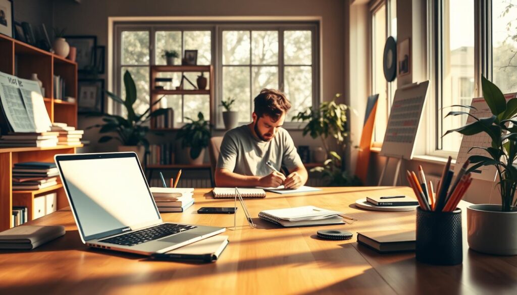 A vibrant freelance workspace, illuminated by warm, natural light filtering through large windows. In the foreground, a laptop, notebook, and various stationery items are neatly arranged on a minimalist wooden desk. In the middle ground, a person sits focused, typing away, their silhouette casting a pensive shadow. The background features a bookshelf filled with relevant resources, a plant adding a touch of greenery, and a calendar or schedule hinting at the flexible, independent nature of freelance work. The overall atmosphere conveys a sense of productivity, creativity, and the empowering freedom of being one's own boss. A vibrant freelance workspace, illuminated by warm, natural light filtering through large windows. In the foreground, a laptop, notebook, and various stationery items are neatly arranged on a minimalist wooden desk. In the middle ground, a person sits focused, typing away, their silhouette casting a pensive shadow. The background features a bookshelf filled with relevant resources, a plant adding a touch of greenery, and a calendar or schedule hinting at the flexible, independent nature of freelance work. The overall atmosphere conveys a sense of productivity, creativity, and the empowering freedom of being one's own boss.