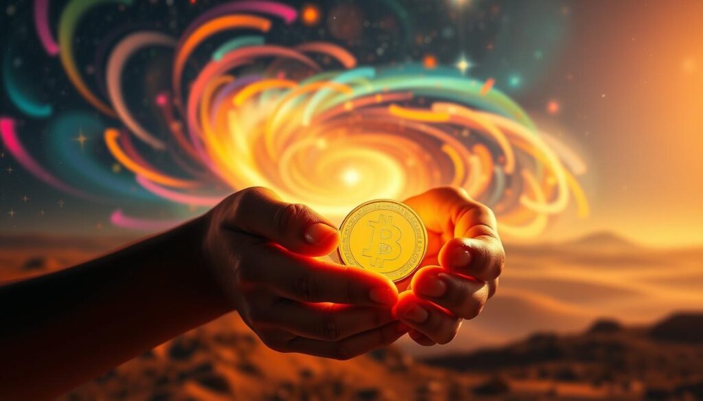 A vibrant, high-contrast scene depicting the concept of "money mindset". In the foreground, a person's hands gently cradle a glowing, golden coin, representing the abundance and prosperity they envision. Behind them, a swirling vortex of colorful energy and light symbolizes the power of positive beliefs and manifestation. In the background, a serene, celestial landscape with shimmering stars and galaxies conveys the expansive, limitless nature of the universe's abundance. Warm, directional lighting casts dramatic shadows, emphasizing the subject's focused attention and the transformative potential of their mindset. Captured with a wide-angle lens to create a sense of immersion and grandeur. A vibrant, high-contrast scene depicting the concept of "money mindset". In the foreground, a person's hands gently cradle a glowing, golden coin, representing the abundance and prosperity they envision. Behind them, a swirling vortex of colorful energy and light symbolizes the power of positive beliefs and manifestation. In the background, a serene, celestial landscape with shimmering stars and galaxies conveys the expansive, limitless nature of the universe's abundance. Warm, directional lighting casts dramatic shadows, emphasizing the subject's focused attention and the transformative potential of their mindset. Captured with a wide-angle lens to create a sense of immersion and grandeur.