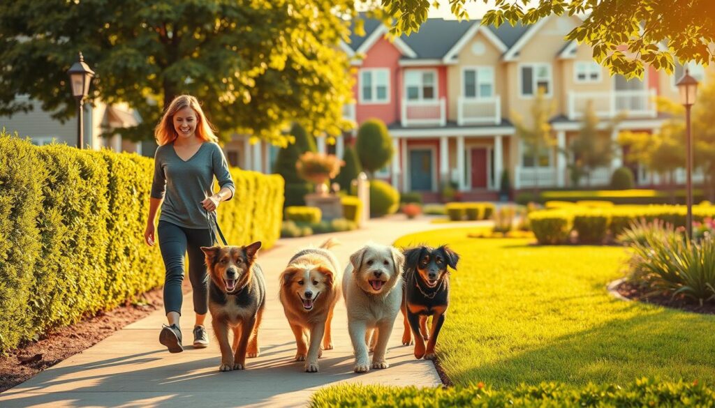 A vibrant outdoor scene of a dog walking service in action. In the foreground, a smiling professional dog walker leads a pack of happy, well-groomed canines down a sun-dappled suburban sidewalk. The middle ground features lush, meticulously trimmed hedges and manicured lawns, conveying a sense of order and care. In the background, a row of colorful, modern townhouses with tidy gardens create a serene, welcoming atmosphere. Warm, soft lighting casts a golden glow over the entire scene, evoking a feeling of comfort and neighborhood charm. The overall composition showcases the reliable, trustworthy nature of this local dog walking business. A vibrant outdoor scene of a dog walking service in action. In the foreground, a smiling professional dog walker leads a pack of happy, well-groomed canines down a sun-dappled suburban sidewalk. The middle ground features lush, meticulously trimmed hedges and manicured lawns, conveying a sense of order and care. In the background, a row of colorful, modern townhouses with tidy gardens create a serene, welcoming atmosphere. Warm, soft lighting casts a golden glow over the entire scene, evoking a feeling of comfort and neighborhood charm. The overall composition showcases the reliable, trustworthy nature of this local dog walking business.