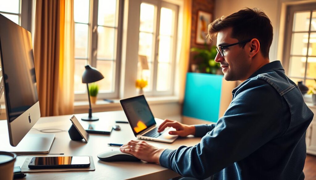 A vibrant, well-lit scene showcasing a person testing a website on a laptop, surrounded by a clean, modern home office setup. The desk features various devices and tools like a smartphone, tablet, and ergonomic mouse. Warm, natural lighting streams in through large windows, creating a productive and inviting atmosphere. In the foreground, the tester's face is visible, concentrating intently on the screen, with a subtle smile hinting at the satisfaction of earning extra income. The background subtly hints at the article's theme of "Making Money Fast" through relevant decor or minimal iconography. A vibrant, well-lit scene showcasing a person testing a website on a laptop, surrounded by a clean, modern home office setup. The desk features various devices and tools like a smartphone, tablet, and ergonomic mouse. Warm, natural lighting streams in through large windows, creating a productive and inviting atmosphere. In the foreground, the tester's face is visible, concentrating intently on the screen, with a subtle smile hinting at the satisfaction of earning extra income. The background subtly hints at the article's theme of "Making Money Fast" through relevant decor or minimal iconography.