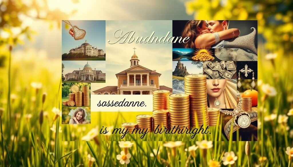 A vision board filled with symbols of wealth and prosperity. The background is a serene, sun-dappled meadow with a soft, golden glow. In the foreground, a collage of images and affirmations - stacks of shiny coins, luxurious mansions, sparkling jewelry, and motivational phrases like "Abundance is my birthright." The composition is balanced, with a sense of harmony and intention. The lighting is natural and warm, creating a dreamlike, aspirational atmosphere. The lens is slightly wide-angle, allowing the viewer to fully immerse themselves in the scene. The overall effect is one of clarity, focus, and a deep, heartfelt desire to manifest financial abundance. A vision board filled with symbols of wealth and prosperity. The background is a serene, sun-dappled meadow with a soft, golden glow. In the foreground, a collage of images and affirmations - stacks of shiny coins, luxurious mansions, sparkling jewelry, and motivational phrases like "Abundance is my birthright." The composition is balanced, with a sense of harmony and intention. The lighting is natural and warm, creating a dreamlike, aspirational atmosphere. The lens is slightly wide-angle, allowing the viewer to fully immerse themselves in the scene. The overall effect is one of clarity, focus, and a deep, heartfelt desire to manifest financial abundance.