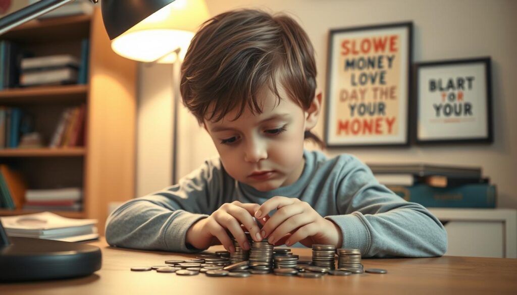 A young child sitting at a desk, focused intently on counting a stack of coins, their face lit by the warm glow of a desk lamp. In the background, a bookshelf and framed motivational art suggest a cozy, studious environment. The child's determined expression and the careful arrangement of the coins convey a sense of diligence and financial responsibility. Soft, diffused lighting creates a sense of calm and concentration, while the tight framing draws the viewer's attention to the child's hands and the task at hand. The overall scene evokes the idea of a kid actively pursuing money-making strategies through thoughtful and disciplined means. A young child sitting at a desk, focused intently on counting a stack of coins, their face lit by the warm glow of a desk lamp. In the background, a bookshelf and framed motivational art suggest a cozy, studious environment. The child's determined expression and the careful arrangement of the coins convey a sense of diligence and financial responsibility. Soft, diffused lighting creates a sense of calm and concentration, while the tight framing draws the viewer's attention to the child's hands and the task at hand. The overall scene evokes the idea of a kid actively pursuing money-making strategies through thoughtful and disciplined means.