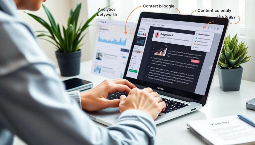Blogger working on content and analyzing traffic statistics