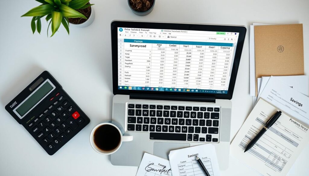 Budget planning with spreadsheet and calculator