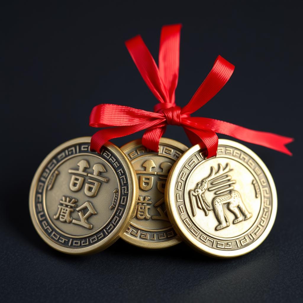 Chinese Feng Shui coins tied with red ribbon for manifesting money