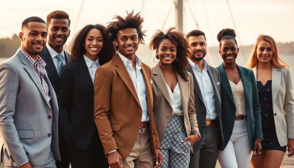Modern interpretation of old money aesthetic with diverse young people in classic attire