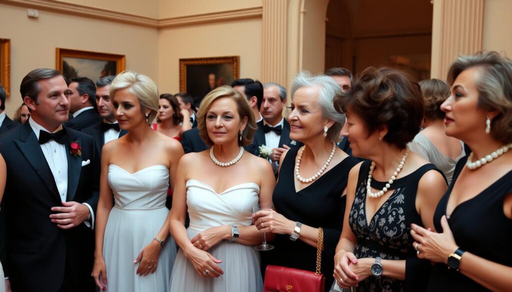 Modern old money family members at philanthropic gala event wearing classic attire