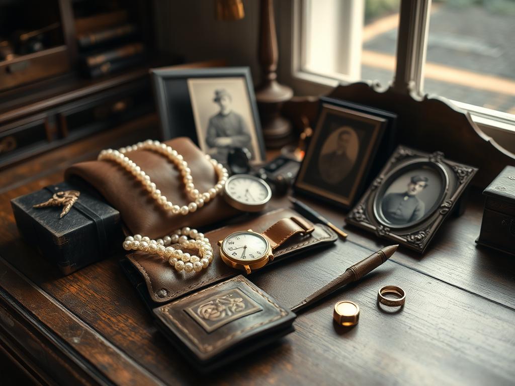 Old money family heirloom items including vintage watches, pearls, and monogrammed items