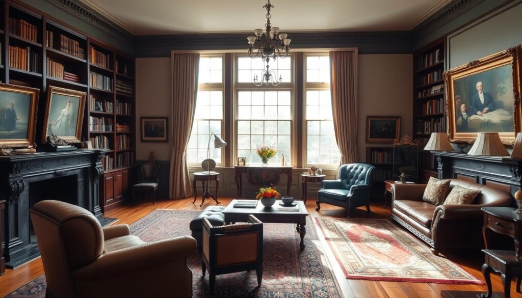 Old money interior with antique furniture, built-in bookshelves, and subtle luxury elements