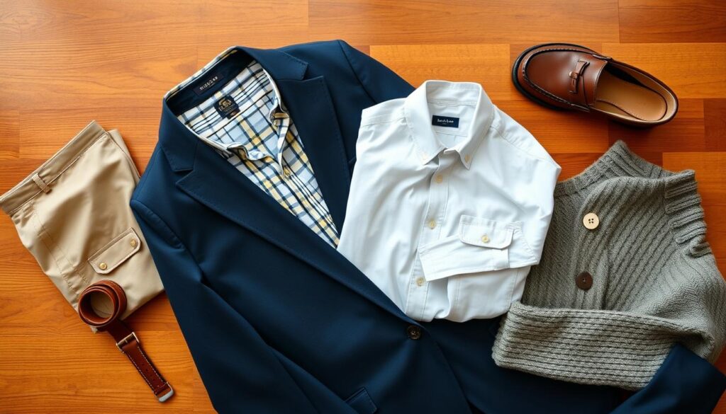 Old money style clothing items including navy blazer, oxford shirts, and loafers arranged on wooden surface