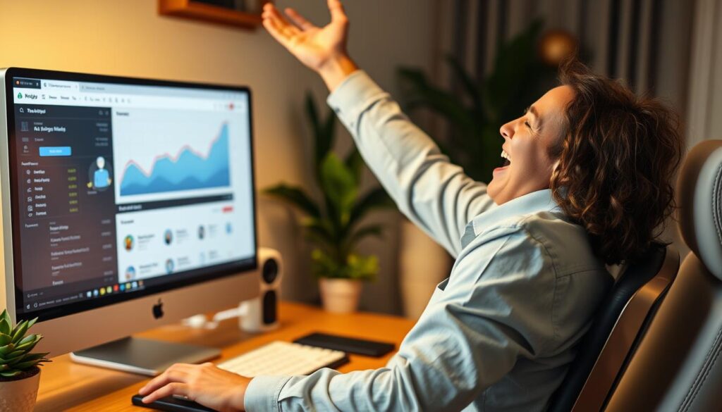 Person celebrating successful online income achievement at home office