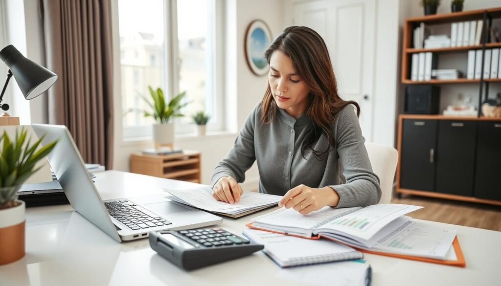 Person managing money with laptop, calculator and financial documents
