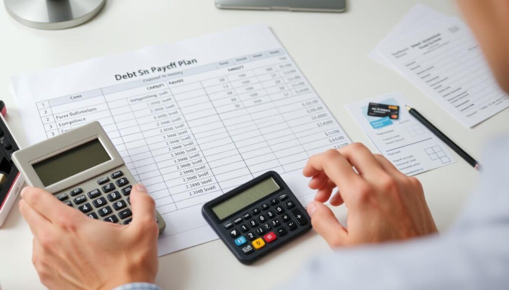 Person reviewing debt payoff plan with calculator