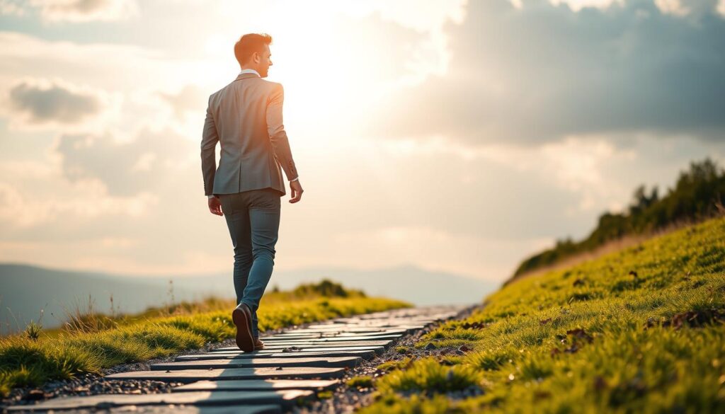 Person taking first steps on journey to become rich