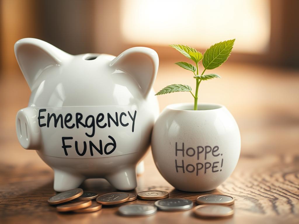 Piggy bank with emergency fund label and growing plant