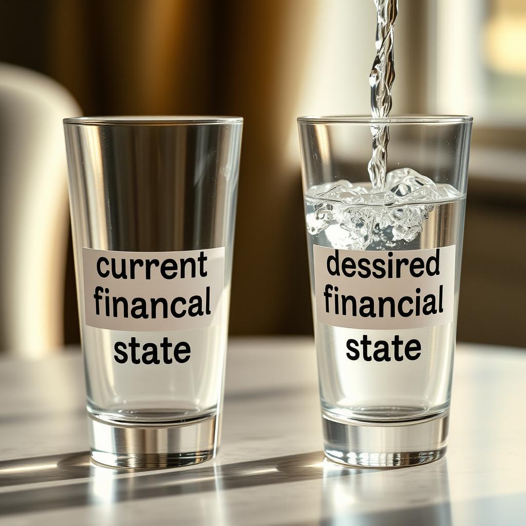 Two cups labeled 'current financial state' and 'desired financial state' with water being poured between them