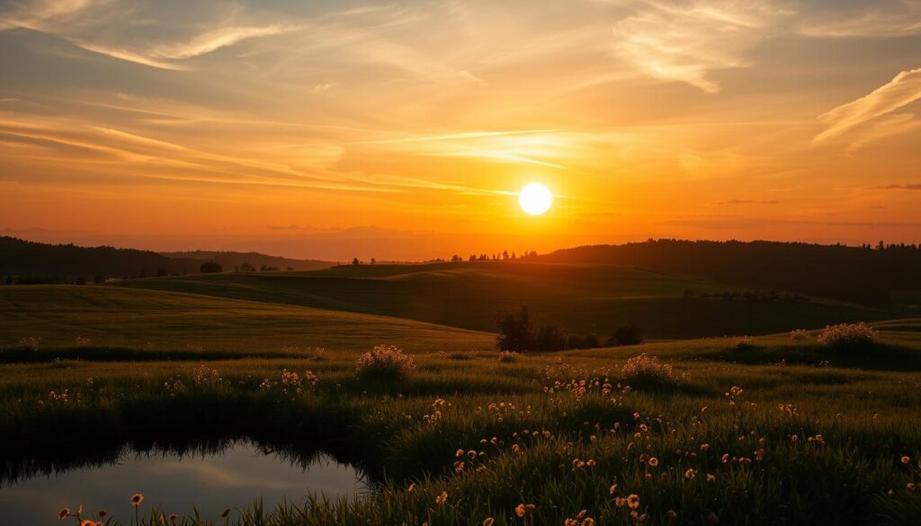 a dramatic sunset over a lush, verdant field, with Jupiter rising majestically in the sky, its rich golden hues illuminating the landscape below. The foreground features a serene pond, its still waters reflecting the celestial event. Wispy clouds dance across the vibrant sky, adding depth and movement to the scene. The middle ground showcases a rolling hillside, dotted with flourishing flora in shades of green and gold. In the background, a silhouetted forest frames the entire composition, creating a sense of depth and balance. The lighting is warm and inviting, casting a golden glow over the entire scene, evoking a feeling of abundance and prosperity.