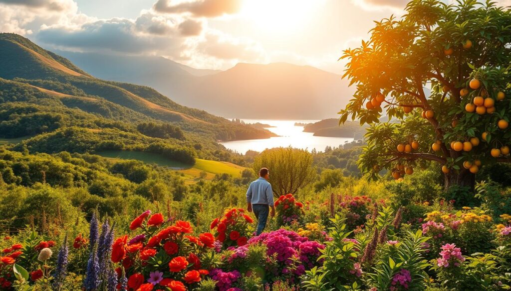 a lush, vibrant landscape filled with an abundance of natural elements - rolling hills covered in verdant foliage, a serene lake reflecting the sky, and a warm, golden sunlight bathing the scene in a glow of prosperity. In the foreground, a flourishing garden overflows with blooming flowers, ripe fruits, and thriving herbs. The middle ground features a sturdy, prosperous tree, its branches heavy with succulent fruits. In the background, a majestic mountain range stands tall, symbolizing the limitless potential of wealth and growth. The overall atmosphere is one of abundance, harmony, and a sense of boundless opportunities.