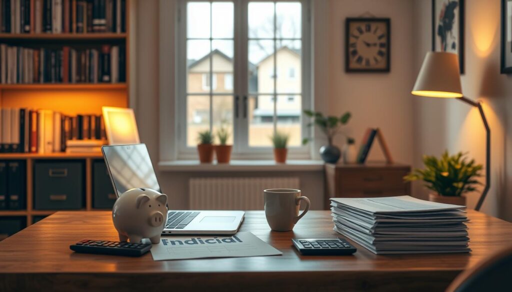 A cozy home office with a wooden desk, a laptop, and a stack of financial documents. A piggy bank and a calculator sit on the desk, alongside a cup of coffee. The background features a bookshelf filled with finance-related books, and a window overlooking a serene suburban neighborhood. The lighting is warm and inviting, creating a sense of productivity and financial diligence. The overall mood is one of focus, organization, and a clear path towards financial goals. A cozy home office with a wooden desk, a laptop, and a stack of financial documents. A piggy bank and a calculator sit on the desk, alongside a cup of coffee. The background features a bookshelf filled with finance-related books, and a window overlooking a serene suburban neighborhood. The lighting is warm and inviting, creating a sense of productivity and financial diligence. The overall mood is one of focus, organization, and a clear path towards financial goals.