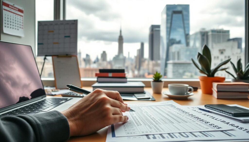 A modern office desk with a laptop, pen, calculator, and various financial documents neatly organized. In the foreground, a person's hands are carefully tracking expenses on a paper budget sheet, their expression focused and determined. In the middle ground, a wall calendar, a cup of coffee, and a succulent plant add a sense of routine and productivity. The background features a large window overlooking a bustling city street, with skyscrapers and a cloudy sky creating a sense of the broader financial landscape. The lighting is bright and natural, creating a sense of clarity and purpose. The overall atmosphere conveys the importance of carefully mapping one's financial situation as a crucial first step towards saving and budgeting effectively. A modern office desk with a laptop, pen, calculator, and various financial documents neatly organized. In the foreground, a person's hands are carefully tracking expenses on a paper budget sheet, their expression focused and determined. In the middle ground, a wall calendar, a cup of coffee, and a succulent plant add a sense of routine and productivity. The background features a large window overlooking a bustling city street, with skyscrapers and a cloudy sky creating a sense of the broader financial landscape. The lighting is bright and natural, creating a sense of clarity and purpose. The overall atmosphere conveys the importance of carefully mapping one's financial situation as a crucial first step towards saving and budgeting effectively.