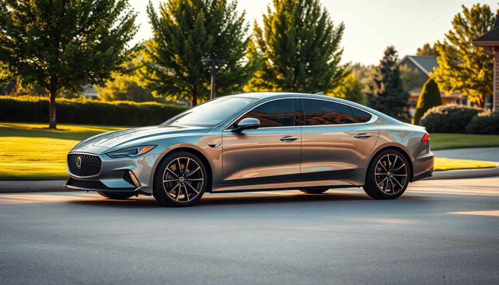 A sleek, modern sedan with a streamlined, aerodynamic silhouette sits in a sun-dappled driveway. The car's body is painted in a lustrous, metallic silver hue, reflecting the warm tones of the late afternoon light. The front grille features a bold, chrome emblem, conveying a sense of refinement and prestige. The wheels are wrapped in low-profile tires, lending the vehicle an athletic, performance-oriented stance. In the background, a neatly manicured lawn and a row of lush, green trees create a serene, suburban setting, complementing the car's harmonious design. The overall scene evokes a sense of attainable luxury, hinting at the possibility of achieving one's dream car within a reasonable budget and timeline. A sleek, modern sedan with a streamlined, aerodynamic silhouette sits in a sun-dappled driveway. The car's body is painted in a lustrous, metallic silver hue, reflecting the warm tones of the late afternoon light. The front grille features a bold, chrome emblem, conveying a sense of refinement and prestige. The wheels are wrapped in low-profile tires, lending the vehicle an athletic, performance-oriented stance. In the background, a neatly manicured lawn and a row of lush, green trees create a serene, suburban setting, complementing the car's harmonious design. The overall scene evokes a sense of attainable luxury, hinting at the possibility of achieving one's dream car within a reasonable budget and timeline.