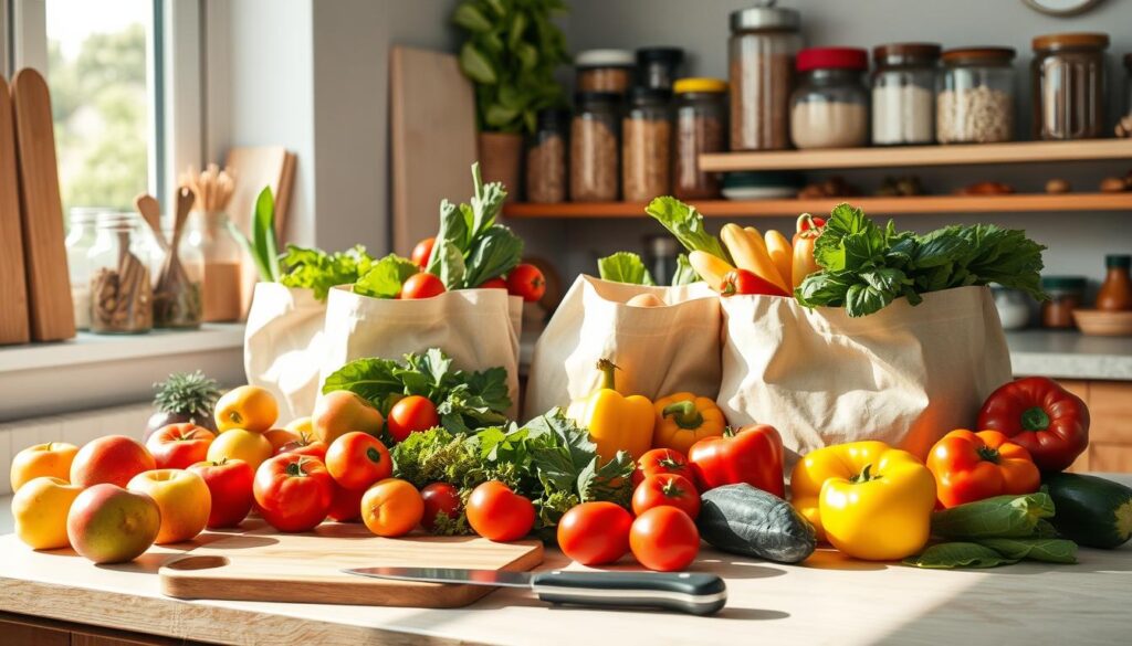 A sunlit kitchen counter filled with a bountiful assortment of fresh produce, including crisp apples, leafy greens, ripe tomatoes, and vibrant bell peppers. In the foreground, a wooden cutting board and a sharp chef's knife stand ready for meal preparation. The middle ground features reusable grocery bags, each one brimming with wholesome ingredients. In the background, a well-stocked pantry showcases jars of grains, spices, and other staples, all neatly organized. The overall scene exudes a sense of abundance, health, and a commitment to cost-effective, high-quality meals. A sunlit kitchen counter filled with a bountiful assortment of fresh produce, including crisp apples, leafy greens, ripe tomatoes, and vibrant bell peppers. In the foreground, a wooden cutting board and a sharp chef's knife stand ready for meal preparation. The middle ground features reusable grocery bags, each one brimming with wholesome ingredients. In the background, a well-stocked pantry showcases jars of grains, spices, and other staples, all neatly organized. The overall scene exudes a sense of abundance, health, and a commitment to cost-effective, high-quality meals.