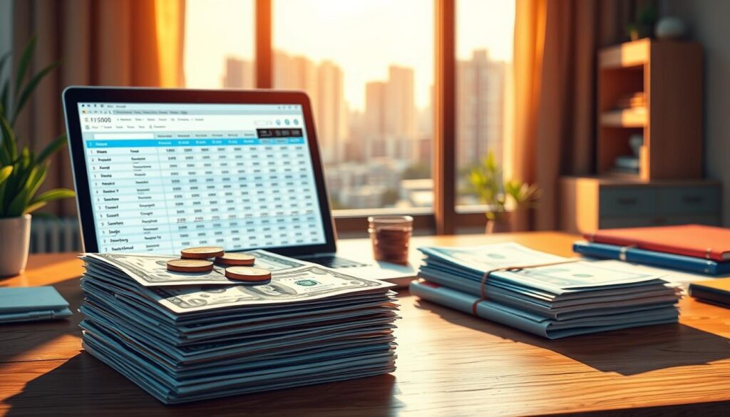 A vibrant, color-rich illustration of a meticulously organized personal budget. In the foreground, a stack of neatly organized bills, coins, and financial documents sit atop a wooden desk, casting warm shadows. The middle ground features a detailed digital spreadsheet displayed on a laptop screen, showing carefully categorized expenses and savings goals. In the background, a soft-focus cityscape with apartment buildings hints at the ultimate goal of this budgeting exercise. The lighting is natural and diffused, creating a sense of tranquility and focus. The overall mood is one of financial discipline, clarity, and determination to achieve the dream of apartment ownership. A vibrant, color-rich illustration of a meticulously organized personal budget. In the foreground, a stack of neatly organized bills, coins, and financial documents sit atop a wooden desk, casting warm shadows. The middle ground features a detailed digital spreadsheet displayed on a laptop screen, showing carefully categorized expenses and savings goals. In the background, a soft-focus cityscape with apartment buildings hints at the ultimate goal of this budgeting exercise. The lighting is natural and diffused, creating a sense of tranquility and focus. The overall mood is one of financial discipline, clarity, and determination to achieve the dream of apartment ownership.