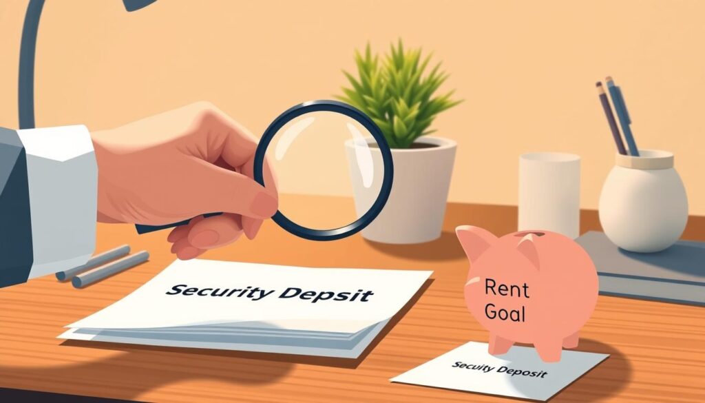 A well-lit, realistic illustration of a person's hand holding a magnifying glass over a document labeled "Security Deposit" and a piggy bank labeled "Rent Goal". The document and piggy bank are placed on a wooden desk surface, with a tasteful potted plant and minimalist office supplies in the background. The lighting is warm and slightly directional, creating subtle shadows and highlights to convey a sense of depth and dimension. The overall mood is one of focus, organization, and financial planning, supporting the article's theme of setting clear apartment savings goals. A well-lit, realistic illustration of a person's hand holding a magnifying glass over a document labeled "Security Deposit" and a piggy bank labeled "Rent Goal". The document and piggy bank are placed on a wooden desk surface, with a tasteful potted plant and minimalist office supplies in the background. The lighting is warm and slightly directional, creating subtle shadows and highlights to convey a sense of depth and dimension. The overall mood is one of focus, organization, and financial planning, supporting the article's theme of setting clear apartment savings goals.